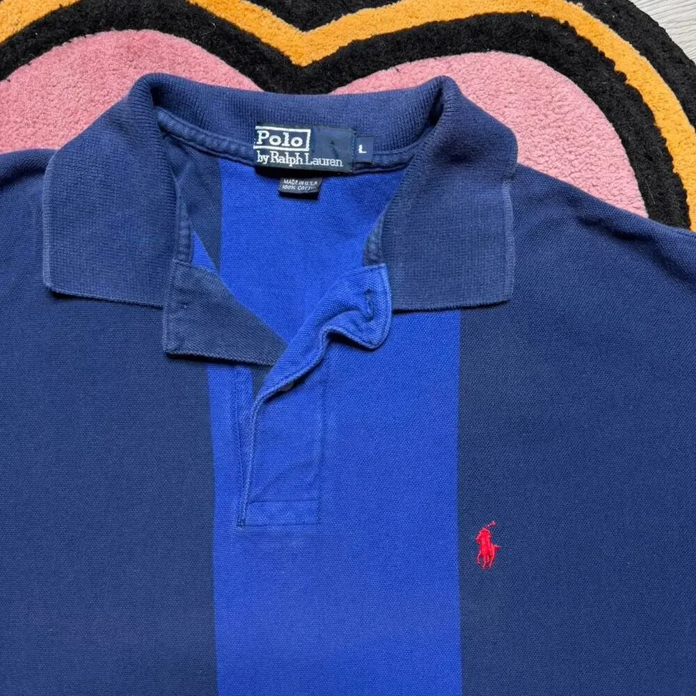 Vintage 90’s Polo Ralph Lauren Striped Embroidered Logo Polo Shirt Size XL Blue